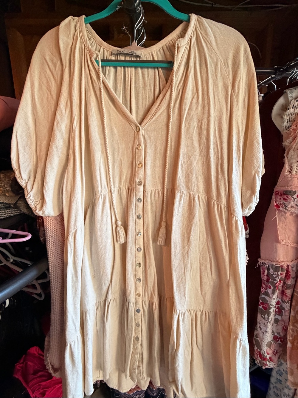 Dex Cream Button-Front Peasant Tunic Dress